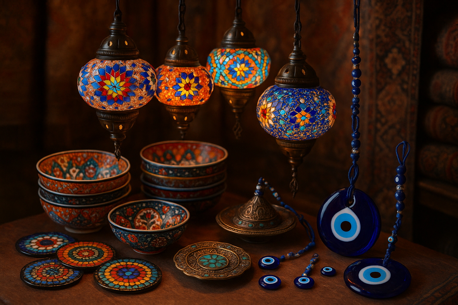 Create a Turkish Handcraft image with Mosiac Lamps, bowls, coasters, ashtray, evil eyes etc