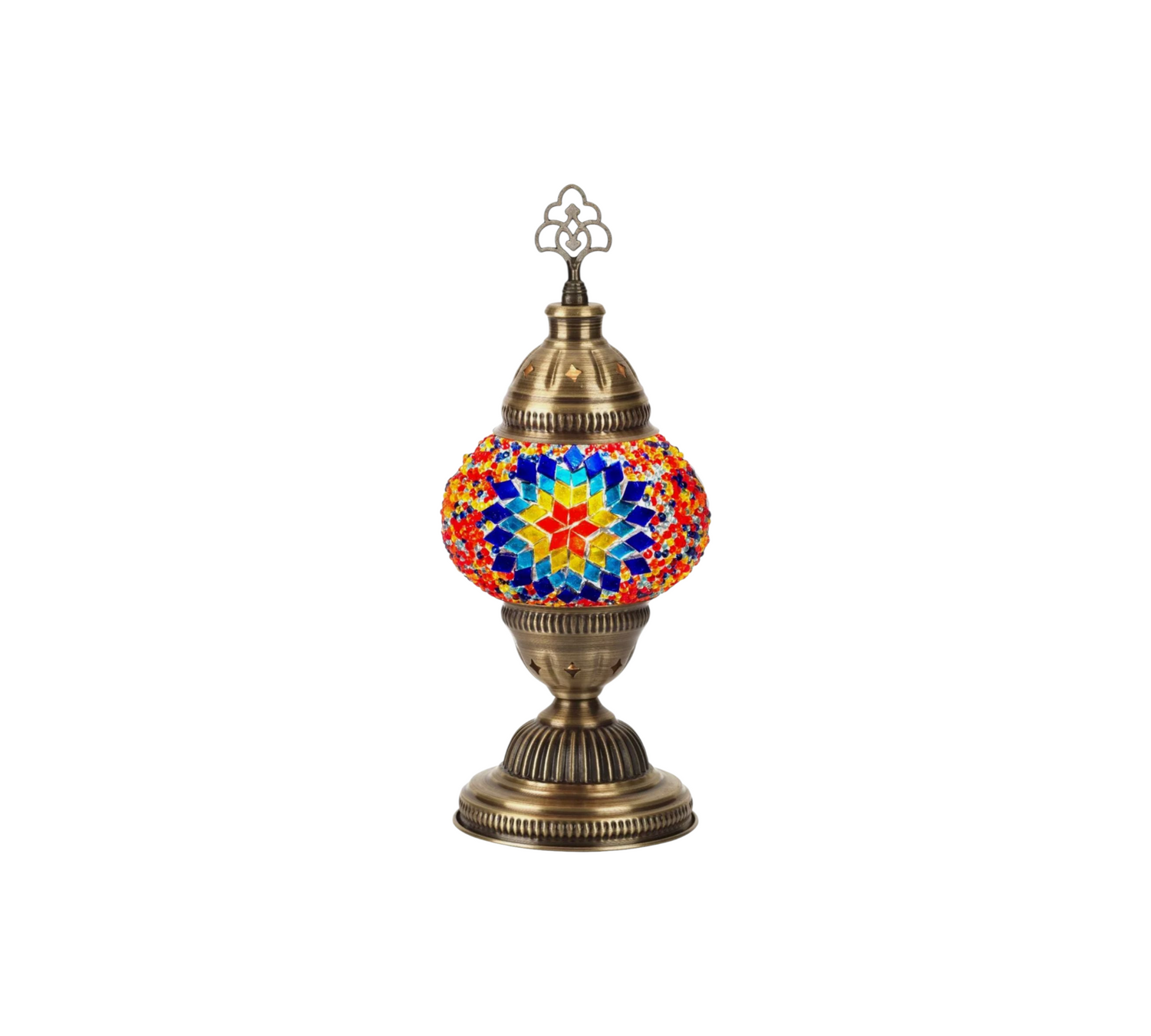 Handmade Turkish Mosaic Table Lamp with warm amber glass and antique brass finish
